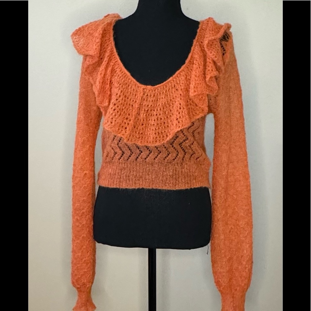 Free People Macaroon Women's Semi-Sheer Pointelle Knit Ruffled Pullover Sweater